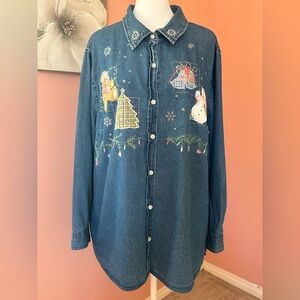 VTG 90s Whimsical pastel Christmas snowmen gingerbread denim cottagecore top 18